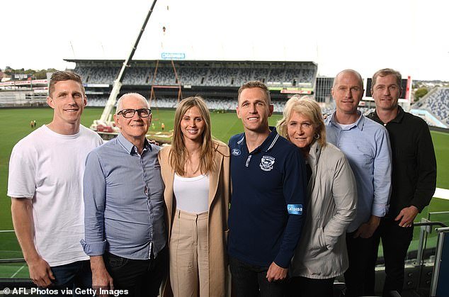 The Selwood family are revered as one of the most iconic families in the sport (pictured L-R: Scott Selwood, Bryce Selwood, Brit Selwood, Joel Selwood, Maree Selwood, Troy Selwood, Adam Selwood)