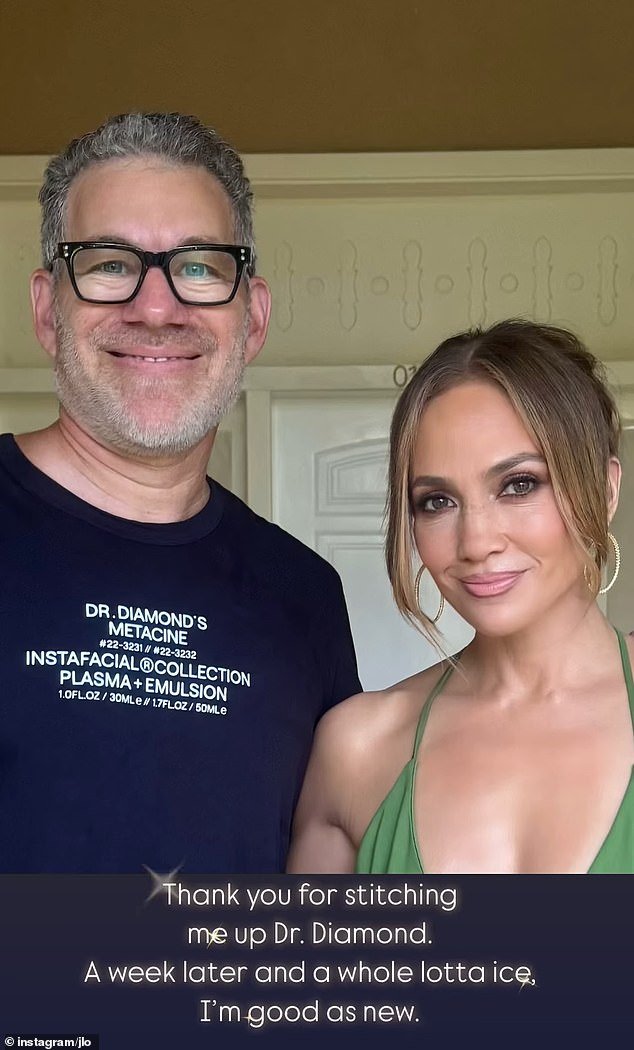 Jennifer posed with Dr. Jason Diamond as she revealed he had handled her stitches and left her looking 'good as new'