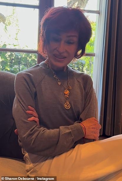 Sharon appeared gaunt in the clip and wore a loose fitting blue sweater and cream trousers as she showed off her shrinking frame to fans