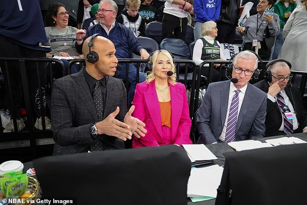 Burke (center) was in the booth alongside Richard Jefferson (left) and Mike Breen (2R)