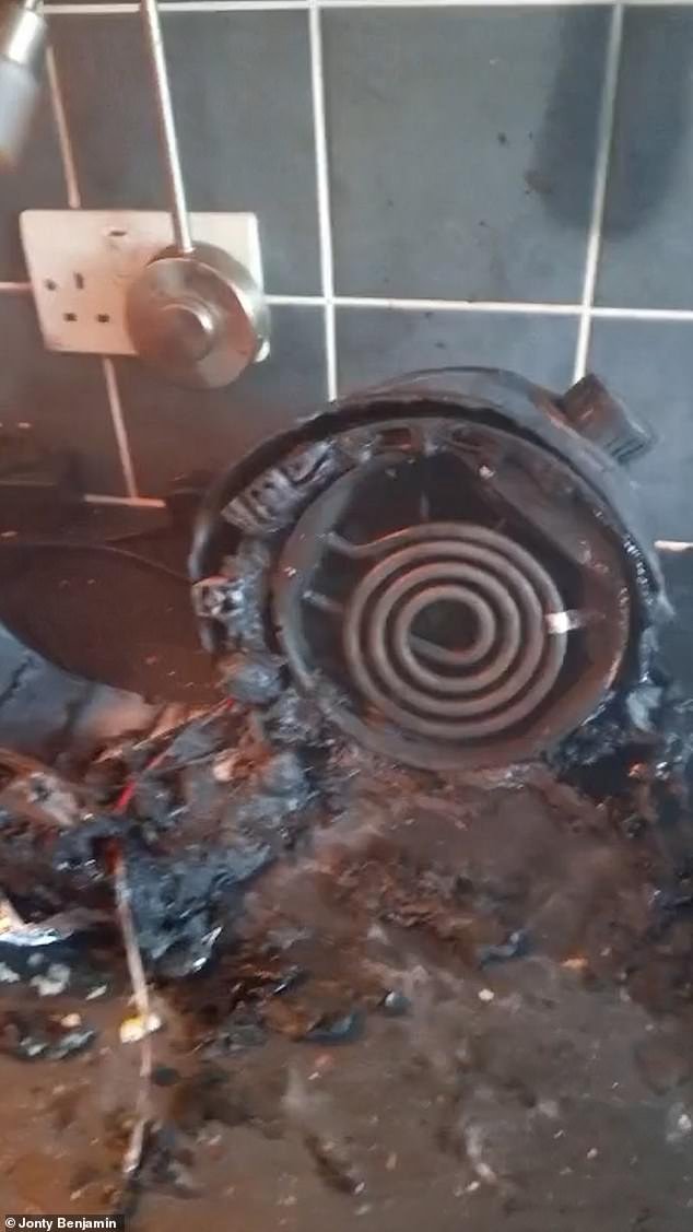 After fighting the blaze, the 52-year-old realised his right arm was covered in burnt plastic which had seeped into his skin (Pictured: materials which stuck onto his worktops and skin)