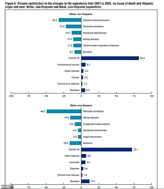 The above graph shows the leading contributors to life expectancy for white and Black Americans