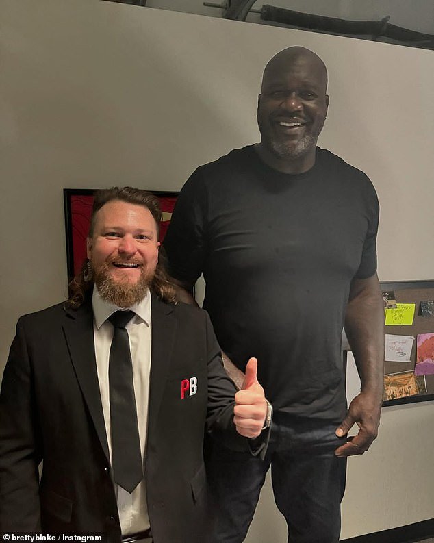 Shaquille O’Neal shares a laugh with Aussie comedian Brett Blake during filming of their PointsBet commercial