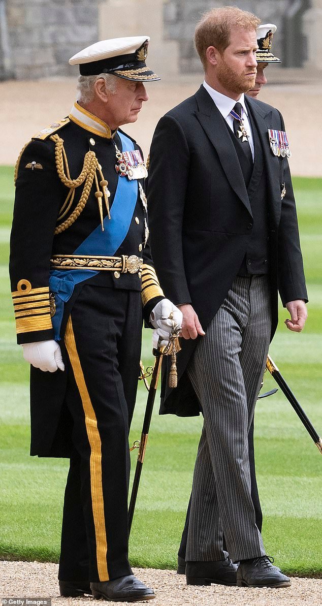 King Charles III and Prince Harry, Duke of Sussex inside Windsor Castle on September 19, 2022