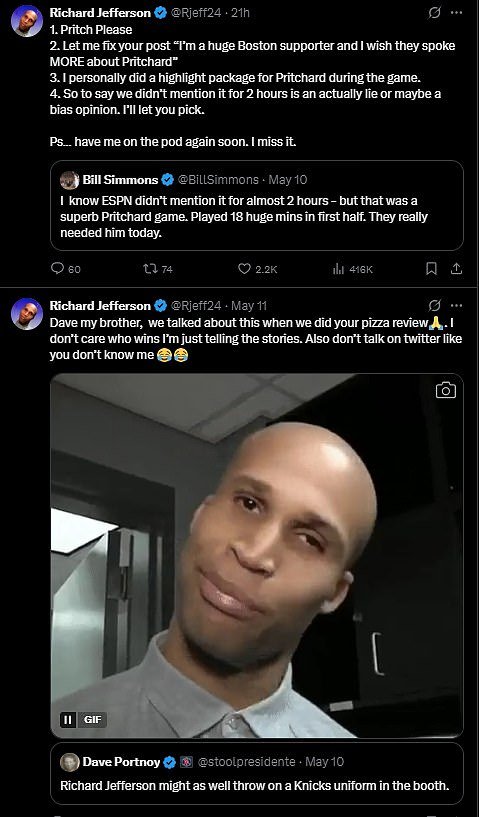 Both Portnoy and Simmons accused ESPN of favoring the Knicks over the defending NBA Champions during their second-round series, prompting a pair of responses from Jefferson