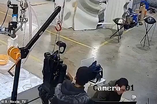 In CCTV footage from a factory in China , the black robot could be seen attached to a miniature crane beside two people