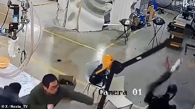 Eventually, one of the men pulled the crane from behind in a bid to stop the spree of destruction