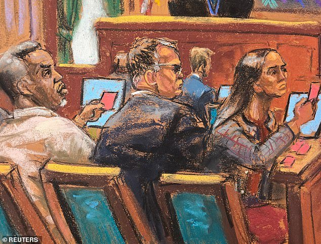Special Agent Yasin Binda testified later Friday to what the feds discovered in room 2115 at the Park Hyatt Hotel on September 16, 2024, the day Combs was taken into custody following an indictment from a grand jury (pictured: Sean 'Diddy' Combs (left) and his defense team pass notes during the cross examination of Casandra 'Cassie' Ventura during Combs)