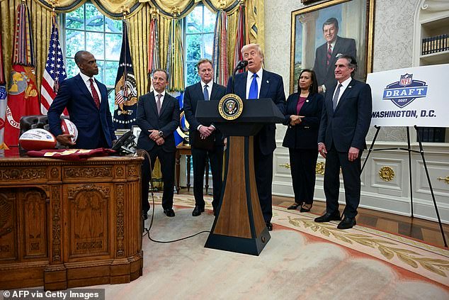 Donald Trump announces that Washington, DC, will host the 2027 NFL Draft. From left to right: Scott Turner, Josh Harris, Roger Goodell, Trump, Muriel Bowser and Doug Burgum