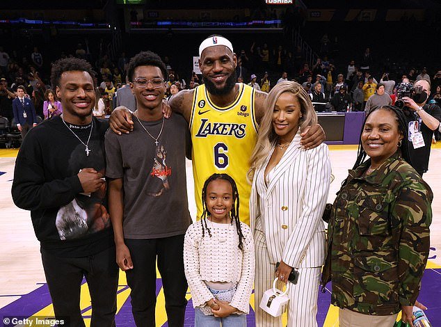 L-R: Bronny James, Bryce James, Zhuri James, Savannah James, and Gloria James in 2023