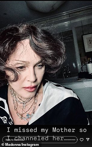 Madonna decided to cover up her signature platinum-blonde bob with a wavy brunette wig, writing: 'I missed my mother so I channeled her...'