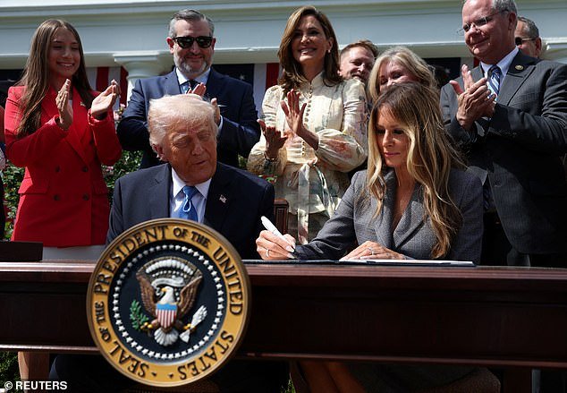 In an unusual move, first lady Melania Trump (right) signed the Take It Down Act alongside President Donald Trump (right) in the Rose Garden on Monday