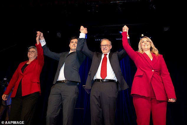 Even though it's all celebrations publicly over at Labor HQ, a brouhaha is breaking out within the new-look parliamentary party as the factional left and right go to war divvying up the spoils of victory. (Anthony Albanese, centre right, is pictured celebrating Saturday's election victory with his fiancée Jodie Haydon, right, son Nathan, centre left, and Senator Penny Wong, left)
