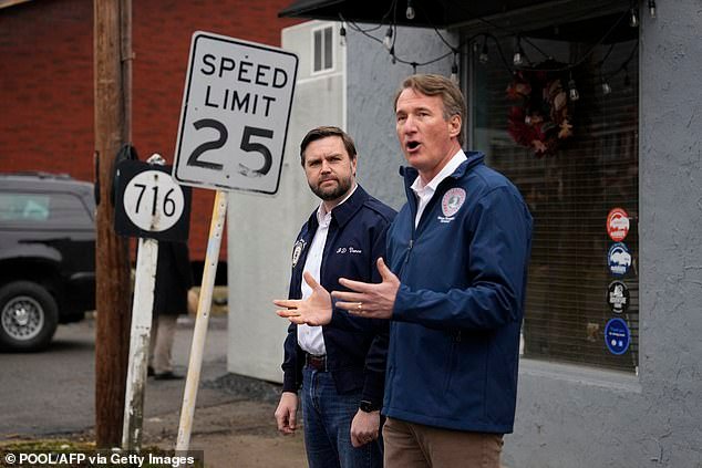 Virginia Gov. Glenn Youngkin (right) finds himself in the middle of a gay porn scandal after it was alleged the candidate he backed for lieutenant governor posted nude images of men on social media. Pictured: Youngkin speaks in Virginia alongside Vice President J.D. Vance