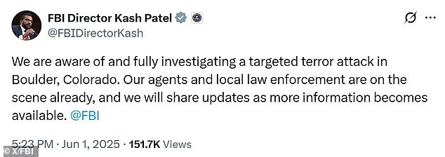FBI Director Kash Patel tweeted about the incident just after 5.20pm