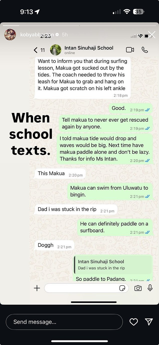 Pictured: Abberton's conversation with a staffer at his son's school, which he revealed on Instagram