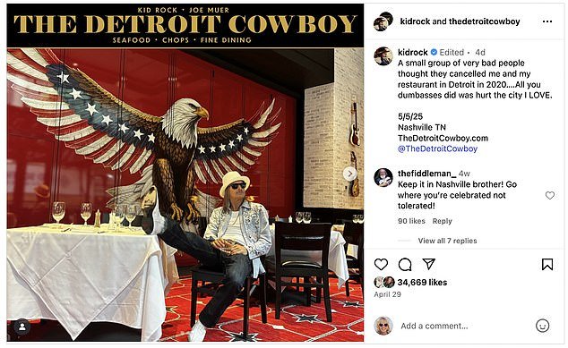 Kid Rock indicated that he was still salty over the closure of his Detroit restaurant, Made in Detroit, which happened after he insulted longtime talk show host Oprah Winfrey in 2019