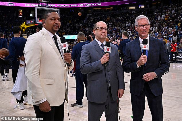 Until 2024, the cable giant had featured the popular trio of play-by-play announcer Mike Breen (right), ex-coach Jeff Van Gundy (center) and former player and coach Mark Jackson (left)