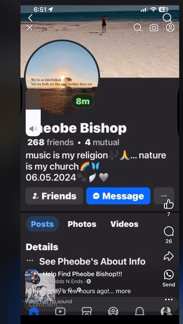 A screenshot appeared to show Pheobe's Facebook account had been online on Thursday - three weeks after she vanished