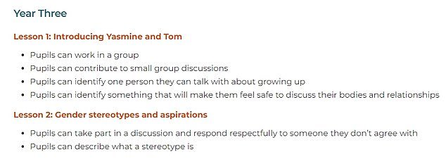 Currently, schools are required to provide Relationships Education to children under nine. However, sex education is optional. Pictured is the example lesson plan from the Family Planning Association