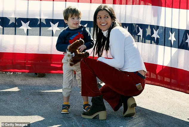Katie Miller with her son Jackson at a Trump campaign rally during the 2024 election