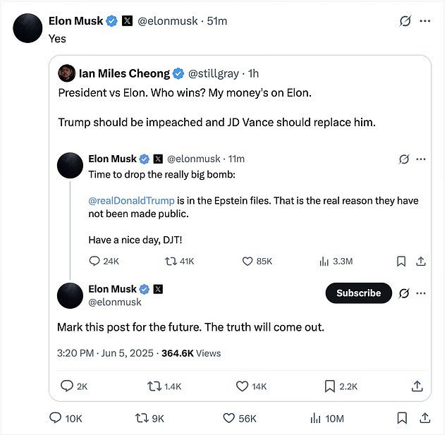 Elon Musk answered 'yes' when one X user floated impeaching President Donald Trump and replacing him with 40-year-old Vice President J.D. Vance