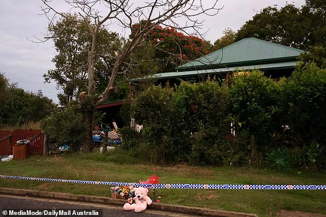 A large pink teddy bear stood guard over the Gin Gin property on Saturday (pictured)