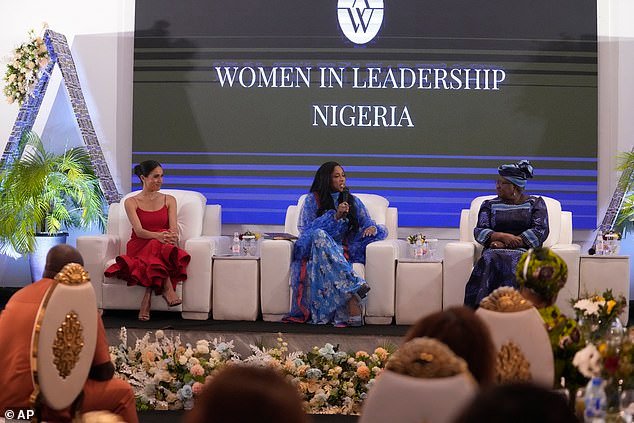 Meghan listens to speakers at a Women in Leadership event in Abuja, Nigeria, on Saturday