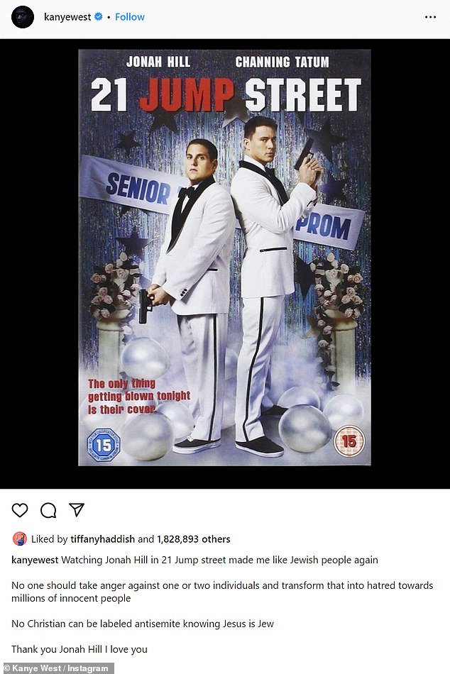 The hip-hop star wrote at the time: 'No one should take anger against one or two individuals and transform that into hatred towards millions of innocent people. No Christian can be labeled anti-Semite knowing Jesus is Jew. Thank you Jonah Hill I love you'