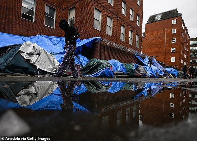 Tents cluster near Dublin's Office of International Protection, serving as temporary homes for asylum seekers on April 30, 2024