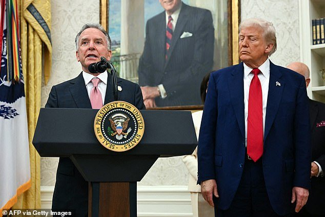 US Special Envoy to the Middle East Steve Witkoff (L) speaks as US President Donald Trump watches