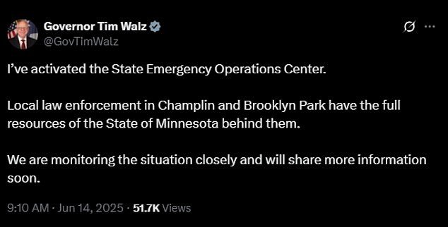 Governor Tim Walz addressed the situation on social media, saying he had been briefed and that the Minnesota Department of Public Safety