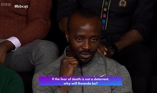 The audience member (pictured) asked whether refugees and asylum seekers from Congo, a neighbouring country, would be sent to Rwanda if deported from the UK