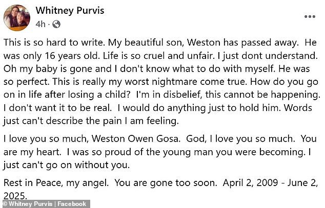 'This is so hard to write. My beautiful son, Weston has passed away. He was only 16 years old. Life is so cruel and unfair. I just don't understand,' Whitney wrote on Monday