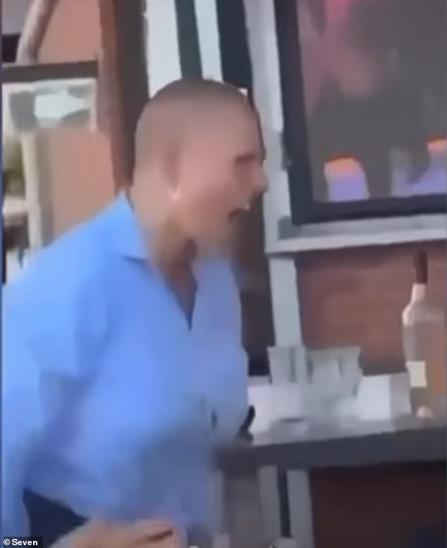 Tamika Chesser, above at a Port Lincoln hotel, where she was seen  wearing a long dark wig and a hat, which she then ripped off to reveal her shaved head (above) and yelled