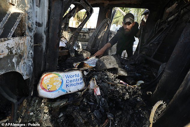 Palestinians inspect a vehicle with the logo of the World Central Kitchen that was wrecked by an Israeli airstrike in Deir al Balah, Gaza Strip