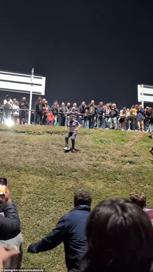 Footy fans at a Manly Sea Eagles match decided to take run it straight to new levels by using the hill at Four Pines Park, formerly known as Brookvale Oval