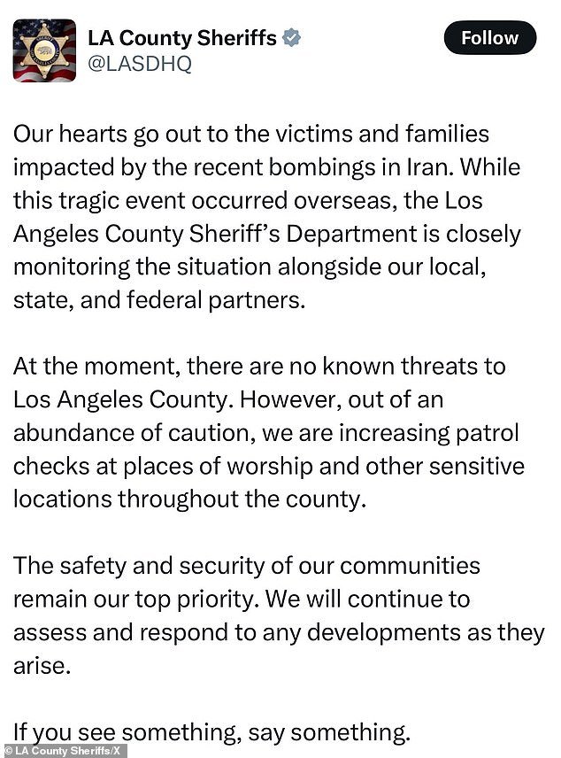 Social media users were quick to slam the original, since-deleted post by the LA Sheriff's Department (shown above) as out of touch and disrespectful to the Jewish community