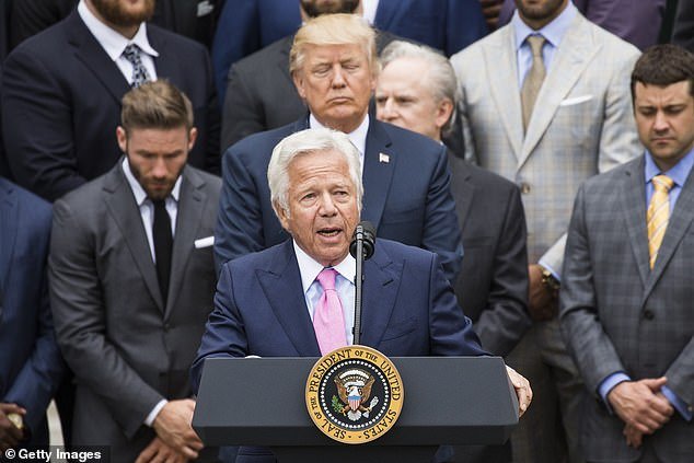 Robert Kraft speaks at the White House in front of Donald Trump in April of 2017