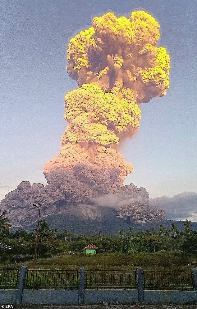 A volcanic eruption in Indonesia has spewed a colossal ash tower into the sky on Tuesday night, causing mayhem for travellers heading to Bali (pictured)
