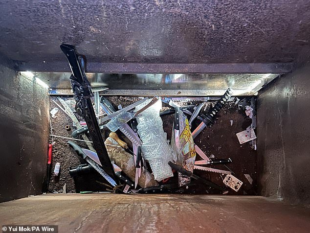A knife bin outside Chelmsford Crown Court in Essex. People who hand in their zombie knives before the ban comes into force next month will not face repercussions