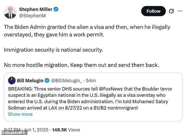 White House Deputy Chief of Staff Stephen Miller confirmed Soliman was living in the United States on a work permit